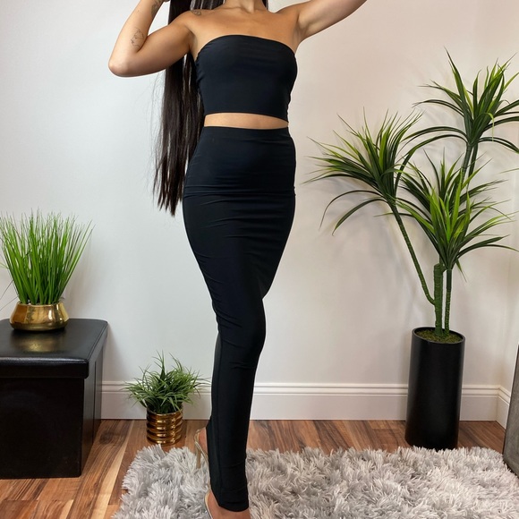 ‼️ Black Maxi Pencil Skirt Strapless Crop Top Set - Picture 7 of 8